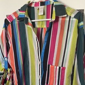 Anne Cole Multicolor Striped Button-Up Shirt | Roll Tab Sleeves | Size M